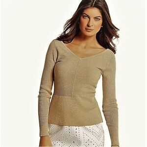 White House Black Market Gold Shimmer Peplum V-Neck Sweater - size XS